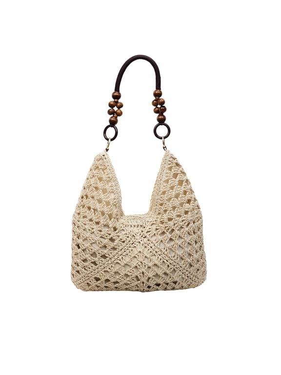 Women's Braided Beach Wallet Boho Summer Casual Straw Versatile Commuting Handbag Large Capacity Crochet Shoulder Bag