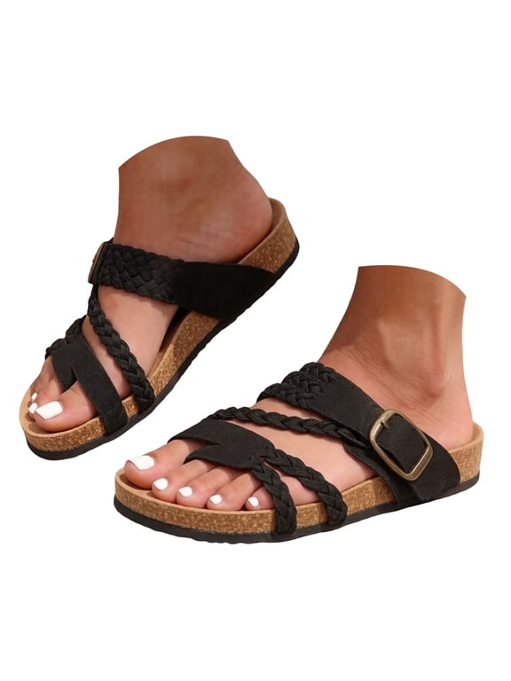 Women's Braided Cork Slide Sandals Adjustable Buckle Soft Arch Support for Summer Vacation Walking & Outfits