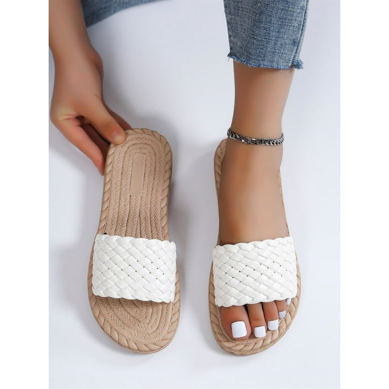 Women's Braided Design Single Band Open Toe Flat Slide Sandals