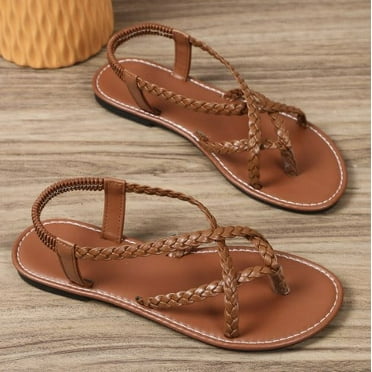 Women's Braided Detail Flat Sandals Open Toe Thong Sandals Criss Cross Backstrap Elegant Slides