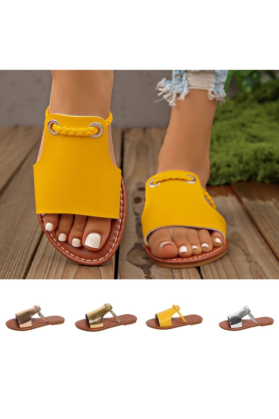 Women's Braided Detail Solid Color Slide Sandals Wide Width Friendly Flat Slippers Soft Faux Leather Lightweight Non Slip Open Toe Summer Beach Casual Outdoor Slides