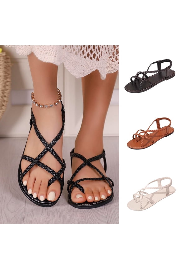 Women's Braided Flat Sandals Casual Open Toe Wide Width Comfortable Non Slip Elastic Slingback Shoes for Summer Beach Daily Wear
