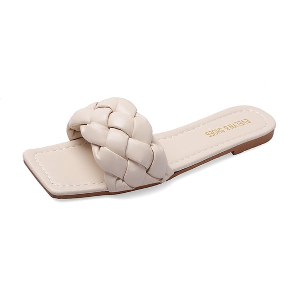 Women's Braided Flat Sandals Fashion Woven Square Open Toe Slip On Dressy Slides Summer Beach Slippers Beige