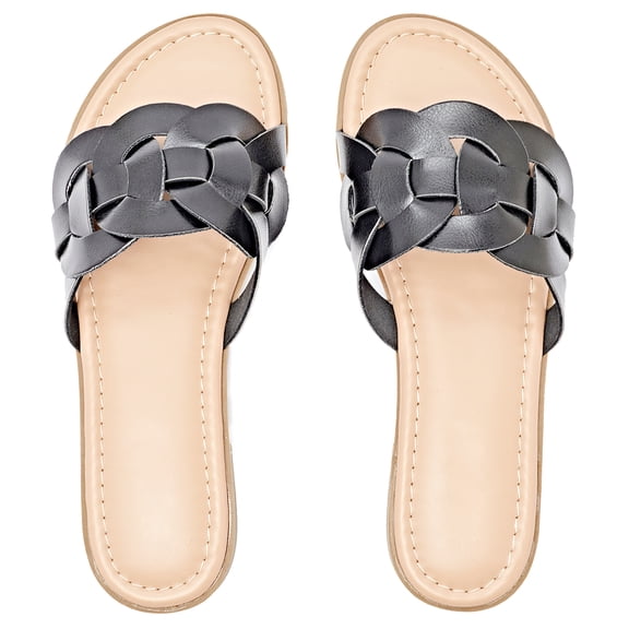 Women's Braided Flat Slide Sandals - Round Toe Cover Strap Detail, Easy Slip-On Rubber Sole Summer Shoes