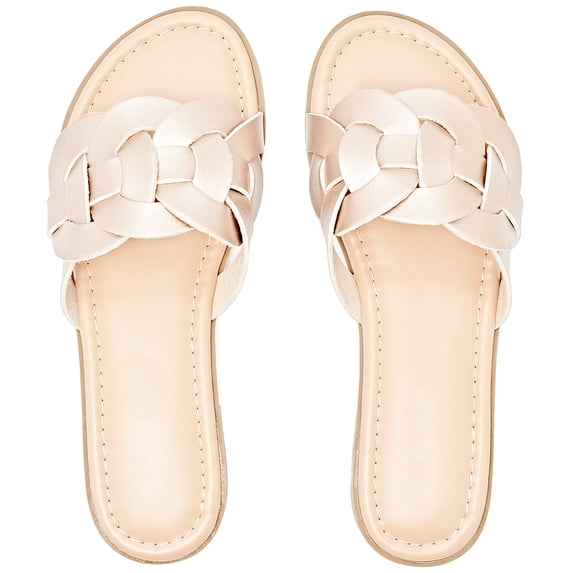 Women's Braided Flat Slide Sandals - Round Toe Cover Strap Detail, Easy Slip-On Rubber Sole Summer Shoes