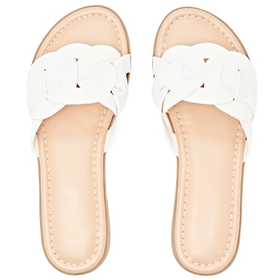Women's Braided Flat Slide Sandals - Round Toe Cover Strap Detail, Easy Slip-On Rubber Sole Summer Shoes