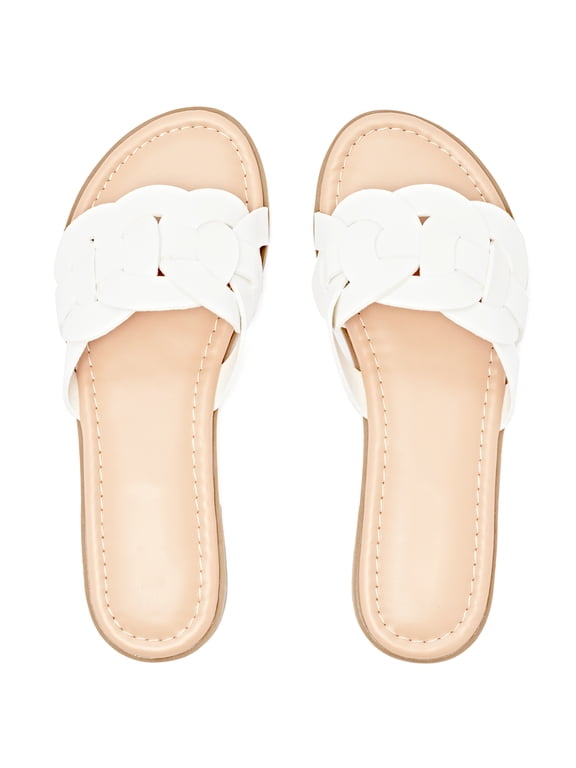 Women's Braided Flat Slide Sandals - Round Toe Cover Strap Detail, Easy Slip-On Rubber Sole Summer Shoes