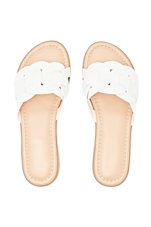 Women's Braided Flat Slide Sandals - Round Toe Cover Strap Detail, Easy Slip-On Rubber Sole Summer Shoes