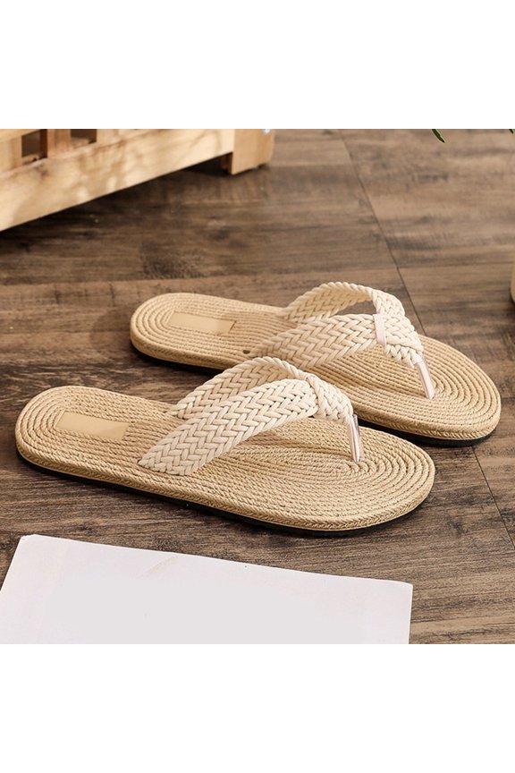 Women's Braided Strap Flat Flip Flops Open Toe Casual Summer Footwear Beige 40