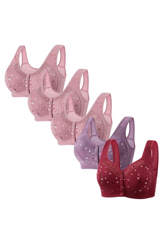 Women's Bras 5PC Wireless Gathered Pattern Bra Breathable Shoulder Strap Front Opening Button Plus Size Bra Everyday Wear Women Underwear