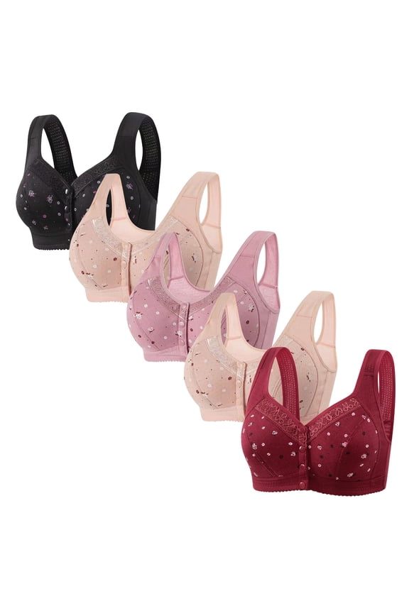 Women's Bras 5PC Wireless Gathered Pattern Bra Breathable Shoulder Strap Front Opening Button Plus Size Bra Everyday Wear Women Underwear