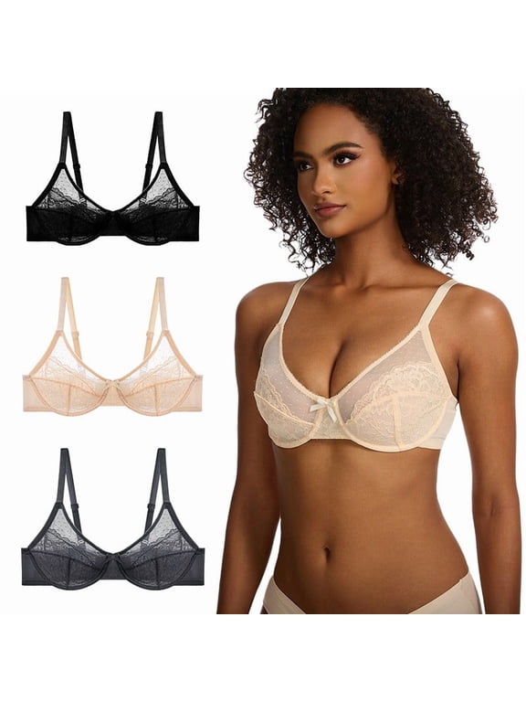 Women's Bras Lunera Lace Bra No Underwire Thin Mesh Gathered Full Coverage Push Up Black 36D