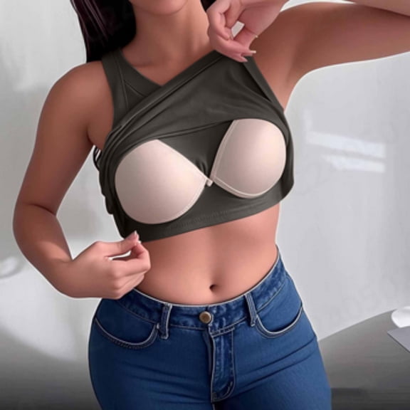 Women's Bras Plus Size, Xunlbb Summer Women Solid Color RoundNeck Tank Top With Built In Bra Camisoles for Under Clothes Spaghetti Strap Cami(Dark Gray,Free Size)