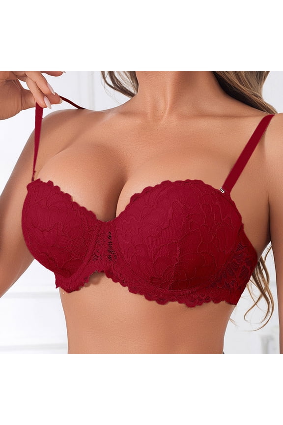 Women's Bras Push Up with Underwire Sexy Lace Cleavage Extra Padded Plunge Bra Floral Lace Everyday Bra Bralette Red XL