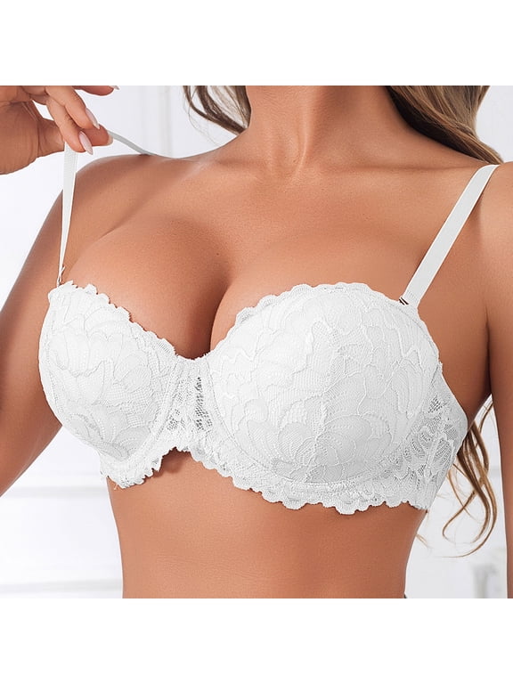 Women's Bras Push Up with Underwire Sexy Lace Cleavage Extra Padded Plunge Bra Floral Lace Everyday Bra Bralette White L