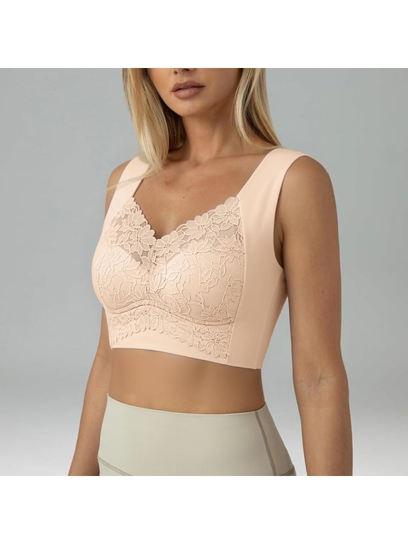 Women's Bras Wireless Full Coverage Supportive Lightly Lined Sleeping Bras No Underwire Bra,Lace Traceless U-Back Cami Style Lift Bralette,Invisible Seamless Comfort Sleep Bra for Women Beige