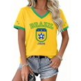 thumbnail image 1 of Women's Brazil Soccer Fan T-Shirt, Classic Yellow Green Shield Crest Graphic V-Neck Tee, 2026 Game Day Soccer Tournament Supporter Top, 1 of 14