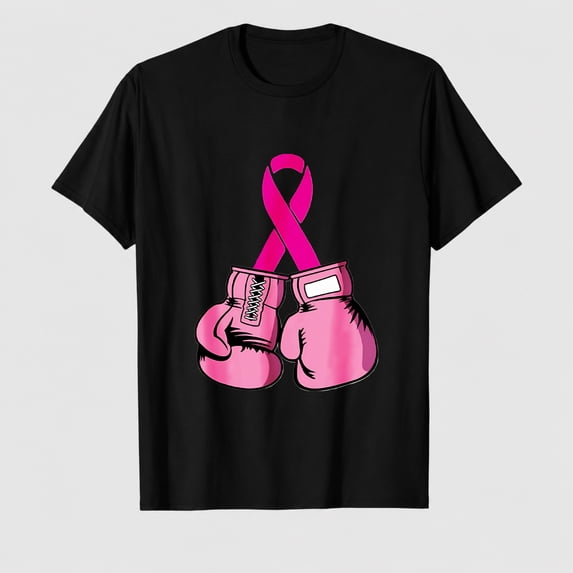 Women's Breast Cancer Awareness Boxing Gloves Ribbon T-Shirt, 100% Cotton Short Sleeve Shirt