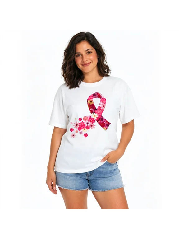 Women's Breast Cancer Awareness Floral Ribbon Graphic T-Shirt, Short Sleeve Crewneck Tee