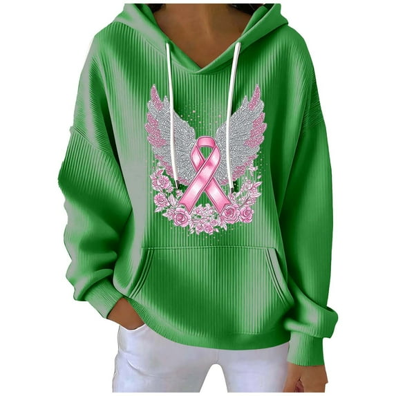 Women’s Breast Cancer Awareness Hoodie Pink Angel Wings Sequin Print Long Sleeve Casual Sweatshirt Support Survivor Ribbon Graphic Pullover for Empowerment and Remembrance