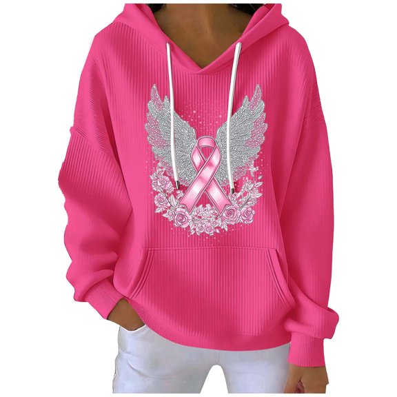 Women’s Breast Cancer Awareness Hoodie Pink Angel Wings Sequin Print Long Sleeve Casual Sweatshirt Support Survivor Ribbon Graphic Pullover for Empowerment and Remembrance