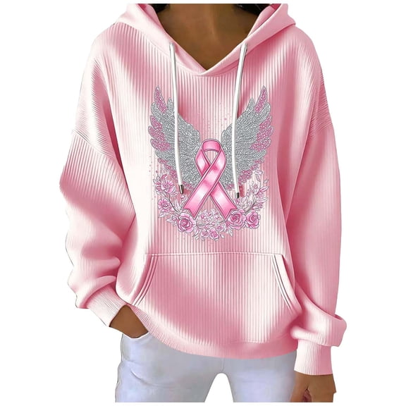 Women’s Breast Cancer Awareness Hoodie Pink Angel Wings Sequin Print Long Sleeve Casual Sweatshirt Support Survivor Ribbon Graphic Pullover for Empowerment and Remembrance