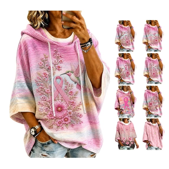 Women's Breast Cancer Awareness Hoodie in October We Wear Pink Shirts Drawstring Print 3/4 Sleeve Sweatshirts for Women