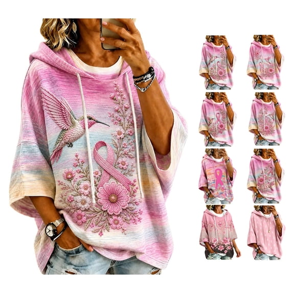Women's Breast Cancer Awareness Hoodie in October We Wear Pink Shirts Drawstring Print 3/4 Sleeve Sweatshirts for Women