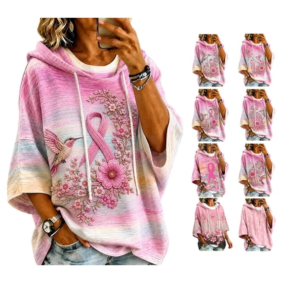 Women's Breast Cancer Awareness Hoodie in October We Wear Pink Shirts Drawstring Print 3/4 Sleeve Sweatshirts for Women