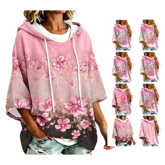 Women's Breast Cancer Awareness Hoodie in October We Wear Pink Shirts Drawstring Print 3/4 Sleeve Sweatshirts for Women