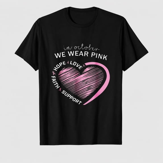 Women's Breast Cancer Awareness October Pink Heart Graphic T-Shirt, 100% Cotton Short Sleeve Shirt