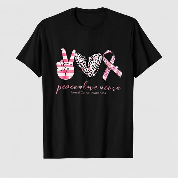 Women's Breast Cancer Awareness Peace Love Ribbon Graphic T-Shirt, 100% Cotton Short Sleeve Shirt