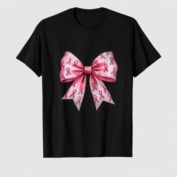 Women's Breast Cancer Awareness Pink Bow Ribbon Graphic T-Shirt, 100% Cotton Short Sleeve Shirt