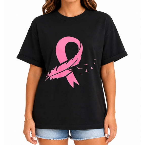 Women's Breast Cancer Awareness Pink Ribbon Feather Birds Graphic T-Shirt