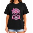 thumbnail image 1 of Women's Breast Cancer Awareness Pink Ribbon Sugar Skull Bow Graphic T-Shirt, 1 of 6