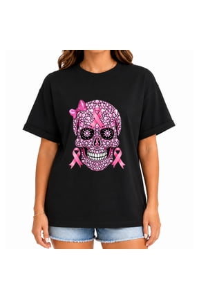 Women's Breast Cancer Awareness Pink Ribbon Sugar Skull Bow Graphic T-Shirt