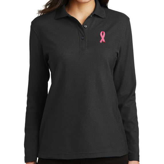 Women's Breast Cancer Awareness Ribbon Long Sleeve Polo Shirt, 3XL Black
