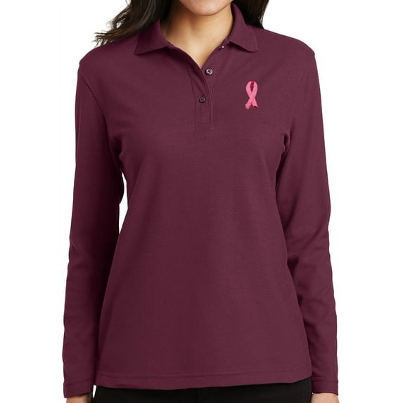 Women's Breast Cancer Awareness Ribbon Long Sleeve Polo Shirt, 3XL Burgundy