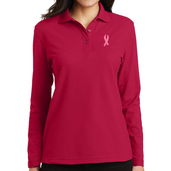Women's Breast Cancer Awareness Ribbon Long Sleeve Polo Shirt, Medium Red