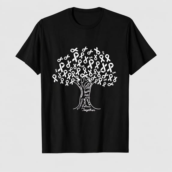 Women's Breast Cancer Awareness Ribbon Tree Graphic T-Shirt, 100% Cotton Short Sleeve Shirt