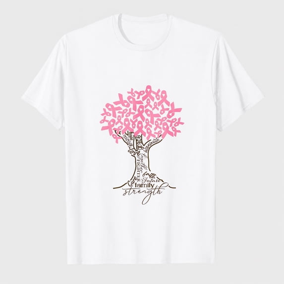 Women's Breast Cancer Awareness Ribbon Tree Graphic T-Shirt, 100% Cotton Short Sleeve Shirt