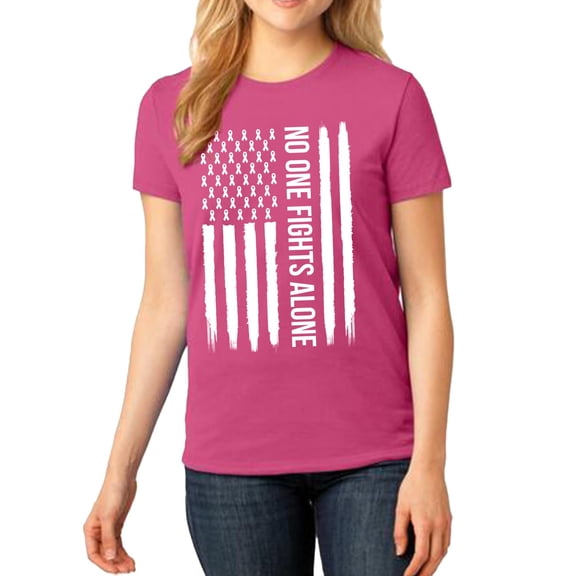 Women’s Breast Cancer Awareness Shirt – No One Fights Alone – Pink Ribbon US Flag Tee – Heliconia 3XL
