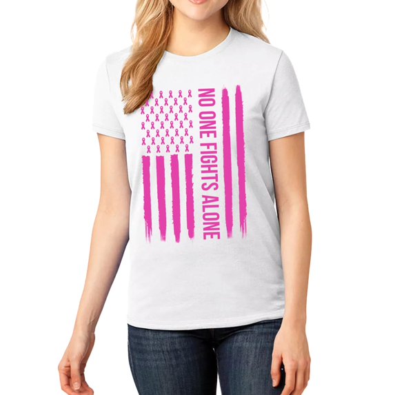 Women’s Breast Cancer Awareness Shirt – No One Fights Alone – Pink Ribbon US Flag Tee – White Medium