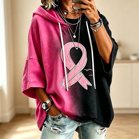 Women's Breast Cancer Awareness Short Sleeve Hoodie Pink Ribbon Graphic Drawstring Oversized Hooded Pullover Top, M