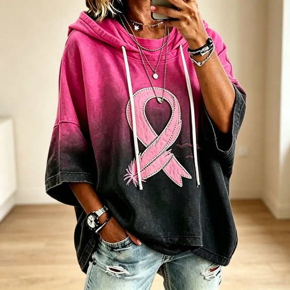 Women's Breast Cancer Awareness Short Sleeve Hoodie Pink Ribbon Graphic Drawstring Oversized Hooded Pullover Top, XL