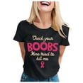 thumbnail image 1 of Women's Cancer Awareness Tees Check Your Boobs Letter Short Sleeve T-Shirt Pink Ribbon Survivor Gift Loose Fit Casual Tops, 1 of 4