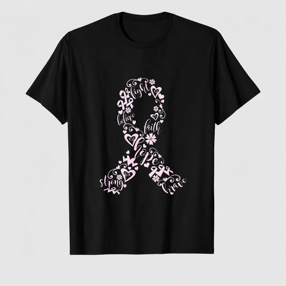Women's Breast Cancer Awareness Word Ribbon Graphic T-Shirt, 100% Cotton Short Sleeve Shirt