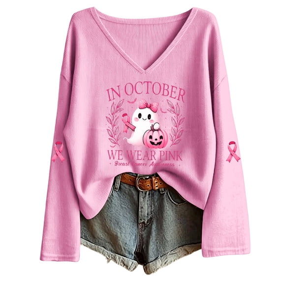 Women's Cancer Pink Ribbon Graphic Tshirts Plus Size Trendy Letter Printed Long Sleeve Fall Tops Ladies Causal Loose Fit V Neck Tees Pink02 M