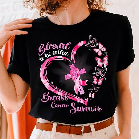 Women’s Breast Cancer Survivor Graphic T‑Shirt, Pink Butterfly Blessed Warrior Short‑Sleeve Tee,Women Clothing
