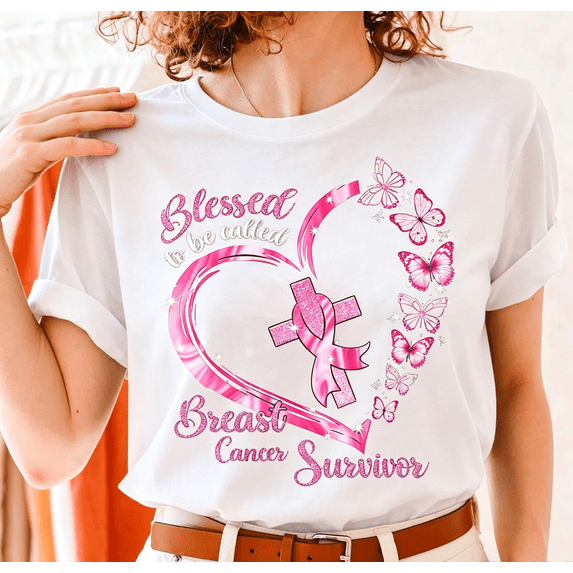 Women’s Breast Cancer Survivor Graphic T‑Shirt, Pink Butterfly Blessed Warrior Short‑Sleeve Tee,Women Clothing